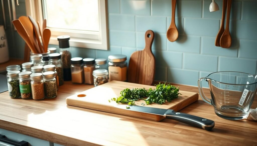 A well-organized kitchen station for effortless meal prep, bathed in warm, natural light. A butcher block countertop hosts an array of neatly arranged ingredients - a collection of spice jars, fresh herbs, and a cutting board alongside a sharp knife. A minimalist, light blue backsplash complements the wooden accents, creating a sense of calm efficiency. Carefully positioned utensils, a clean mixing bowl, and a glass measuring cup complete the scene, evoking a mood of culinary focus and thoughtful meal planning. The entire setup exudes a sense of order and thoughtfulness, ready to facilitate the creation of delicious, globally-inspired dishes.