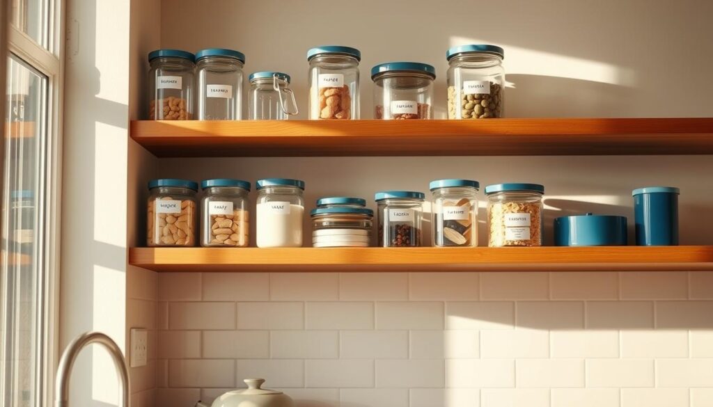 A well-organized kitchen with sleek, minimalist storage containers neatly arranged on wooden shelves. The space is bathed in natural light, creating a warm, inviting atmosphere. Clean glass jars, labeled with simple typography, line the shelves, while a few strategic blue accents add a touch of color. The overall scene conveys a sense of efficiency and thoughtful design, perfectly complementing the 