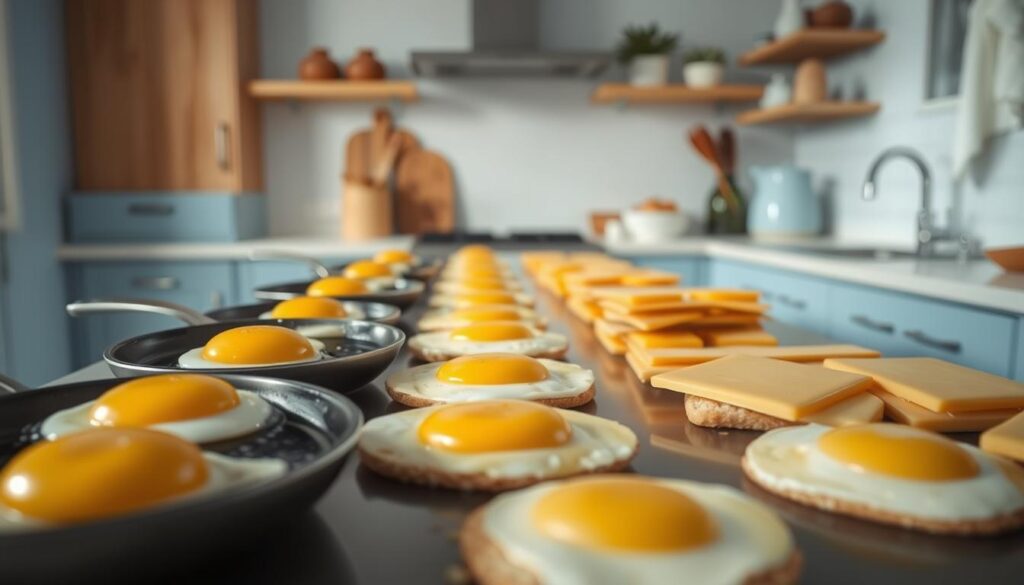 A well-organized meal prep assembly line in a cozy, minimal kitchen with light blue accents and warm wooden textures. In the foreground, a row of eggs being carefully cracked and fried, their sizzling surfaces reflecting the soft lighting. In the middle ground, slices of melty cheese are neatly arranged, ready to be layered onto the freshly cooked eggs. The background features clean countertops and minimal decor, creating a sense of calm efficiency. The overall scene conveys a mood of organized productivity, perfect for illustrating the step-by-step process of assembling freezer-friendly breakfast sandwiches.