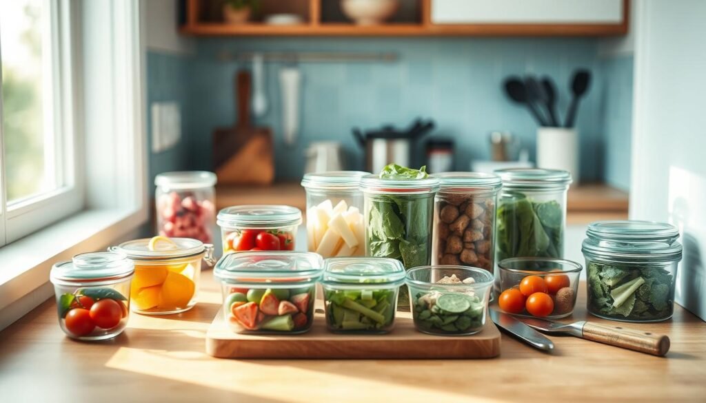 A well-organized meal prep station in a cozy, minimal kitchen with wooden textures and light blue accents. Various glass containers filled with fresh ingredients line the counter, complemented by a cutting board, a sharp knife, and a few kitchen utensils neatly arranged. Soft, natural lighting illuminates the scene, creating a serene and inviting atmosphere. The focus is on the efficient, clutter-free layout, highlighting the techniques for quick meal preparation and organization.