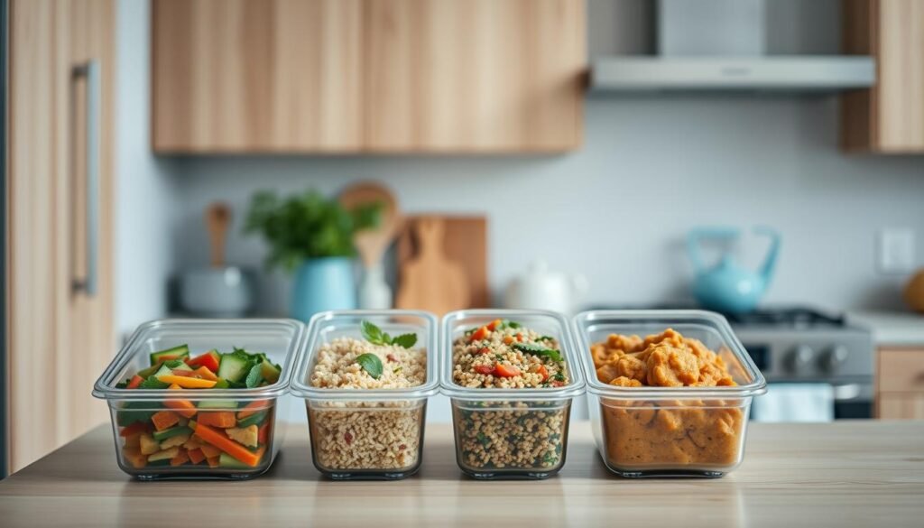 A well-organized, minimalist kitchen filled with natural wood tones and light blue accents. On the counter, three meal prep containers showcase vibrant, carefully crafted dishes - a hearty vegetable stir-fry, a refreshing quinoa salad, and a creamy lentil curry. The containers are illuminated by soft, even lighting, conveying a sense of satisfaction and success. The scene exudes a cozy, inviting atmosphere, inspiring viewers to embrace the practical and delicious possibilities of thoughtful meal prepping.