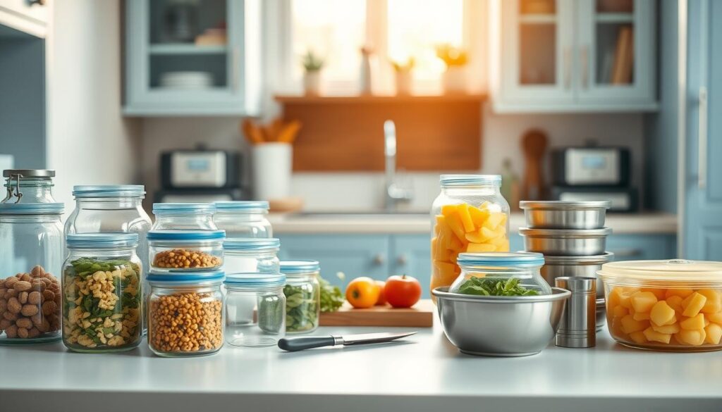 A well-organized, minimalist kitchen with light blue accents showcases an assortment of neatly arranged food storage solutions. Glass jars, plastic containers, and stainless steel bowls fill the foreground, their contents clearly visible. The middle ground features a small cutting board, a knife, and a few fresh ingredients, hinting at the meal prep process. The background is softly lit, with warm, natural lighting filtering through a window, casting a cozy, inviting atmosphere. The overall scene emphasizes the importance of efficient, visually appealing food storage for maintaining the freshness and quality of prepped meals.