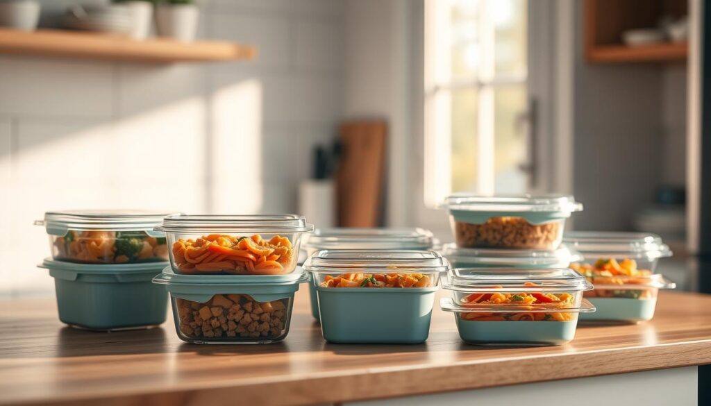 A well-organized set of meal prep containers in varying sizes and shapes, arranged on a wooden kitchen counter with light blue accents. The containers have clear lids, allowing a glimpse of the neatly portioned, homemade meals inside. Soft, natural lighting filters through a nearby window, casting a warm glow on the scene. The minimalist, clutter-free composition emphasizes the efficiency and practicality of meal prepping, perfect for an office worker looking to streamline their monthly planning.