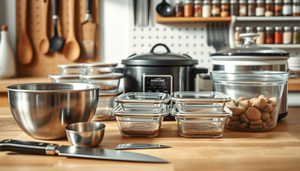 A well-organized still life featuring a selection of essential tools and containers for batch cooking. In the foreground, a stainless steel mixing bowl, a set of measuring cups, and a chef's knife rest on a wooden cutting board. In the middle ground, a collection of glass meal prep containers, a large stockpot, and a slow cooker with a ceramic insert. The background showcases a pegboard with various utensils and a spice rack with an array of jars. The lighting is soft and natural, highlighting the textures of the wooden surfaces and the clean lines of the kitchen appliances. The overall tone is one of functionality and culinary preparedness, reflecting the practical needs of the 