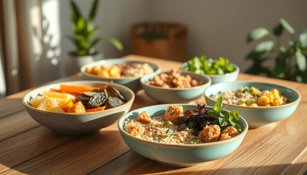 A well-organized, visually appealing meal prep bowl arrangement on a wooden table, bathed in warm, natural lighting. Featuring a variety of healthy ingredients such as roasted vegetables, grains, lean protein, and fresh herbs, arranged in a balanced, appetizing manner. The bowls have a minimalist, earthy aesthetic, complemented by light blue ceramic accents. The composition highlights the versatility and ease of meal prepping, creating a serene, inviting atmosphere that inspires healthy eating habits.
