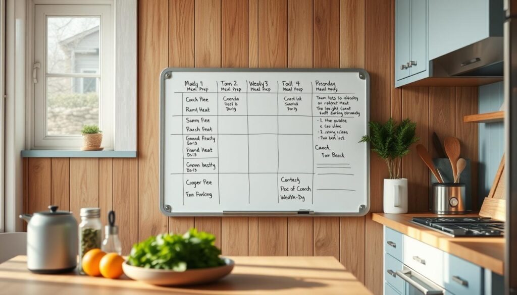 A well-organized weekly meal prep schedule in a cozy, minimal kitchen with warm wooden textures and light blue accents. The schedule is displayed on a sleek whiteboard, with neatly written meal plans and shopping lists. Fresh herbs, spices, and a few kitchen tools sit nearby, suggesting the preparation of healthy, homemade meals. The lighting is soft and natural, creating a calming atmosphere. The angle is slightly elevated, giving a clear overview of the organized workspace, emphasizing the planning and efficiency of the meal prep process.