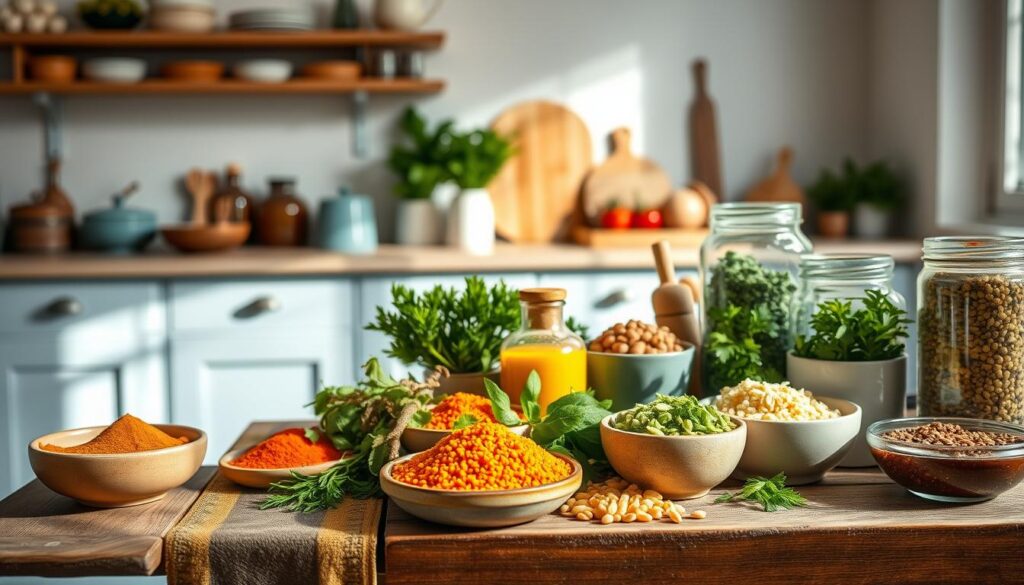 A well-stocked Middle Eastern pantry, capturing the essence of quick and healthy ingredient prep. On a rustic wooden table, an assortment of vibrant spices, herbs, and pulses are arranged in ceramic bowls and glass jars, bathed in soft, natural light. In the background, a minimal, light blue-accented kitchen sets the mood, with clean lines and a touch of warmth. The scene conveys a sense of simplicity and a celebration of the fresh, flavorful staples at the heart of Middle Eastern cuisine.
