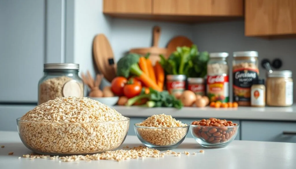 A well-stocked and organized kitchen counter showcases an assortment of budget-friendly meal prep staples. In the foreground, a variety of grains, such as brown rice, quinoa, and oats, are neatly arranged. In the middle ground, fresh produce like broccoli, carrots, and onions are placed alongside canned beans, diced tomatoes, and a few spices. In the background, a minimalist, light blue-accented kitchen with warm wooden textures creates a cozy and inviting atmosphere. The image captures the essence of simple, cost-effective ingredients that can be combined to create satisfying and nutritious meals.