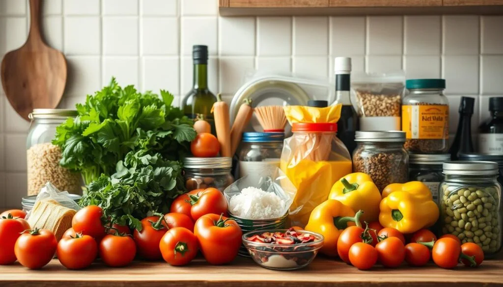 A well-stocked and versatile collection of grocery items neatly arranged on a wooden kitchen counter, bathed in soft, natural lighting. An assortment of fresh produce, such as vibrant tomatoes, crisp greens, and colorful bell peppers, nestled alongside essential pantry staples like pasta, rice, and canned beans. Complementing these ingredients are jars of spices, bottles of olive oil, and a few kitchen tools, all contributing to a visually appealing and organized composition that embodies the essence of efficient meal preparation in a small, cozy kitchen space.