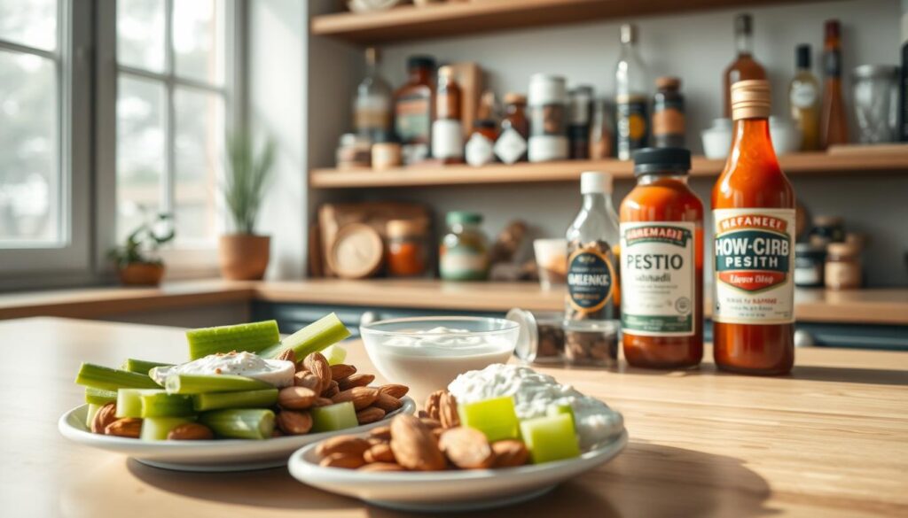 A well-stocked counter in a cozy, minimal kitchen displaying an assortment of low-carb snacks and keto-friendly sauces. In the foreground, a plate showcases sliced cucumber, celery sticks, and roasted almonds. Next to it, a small bowl holds a creamy garlic and herb dip. In the middle ground, glass jars contain homemade pesto, tzatziki, and a vibrant red pepper-based sauce. The background features wooden shelves with neatly arranged spices, olive oil, and other low-carb pantry staples. Soft, natural lighting from large windows creates a warm, inviting atmosphere, highlighting the textures and colors of the healthy, satisfying options.