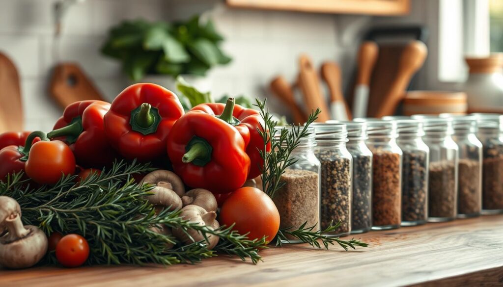 A well-stocked countertop showcases an array of vibrant vegetables, their hues ranging from deep crimson bell peppers to earthy mushrooms and leafy greens. Sprigs of fragrant rosemary, thyme, and oregano are arranged alongside a collection of glistening glass jars filled with aromatic spices and seasonings. The soft, natural lighting casts a warm glow, highlighting the rustic textures of the wooden surfaces and the inviting atmosphere of the cozy kitchen. This bountiful display of ingredients and seasonings sets the stage for a flavorful, customizable roasted dish, ready to elevate the senses and delight the palate.