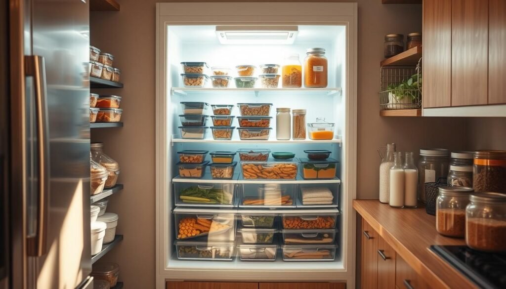 A well-stocked freezer filled with neatly organized containers of homemade meals, snacks, and ingredients. Stainless steel appliances and wooden countertops create a clean, modern kitchen aesthetic. Soft, natural lighting casts a warm glow, highlighting the varied colors and textures of the frozen items. Glass jars containing spices, herbs, and other prep essentials line the shelves, suggesting a thoughtful, efficient meal prep system. The overall scene conveys a sense of ease and preparedness, making the viewer feel inspired to take on their own stress-free, time-saving meal planning.
