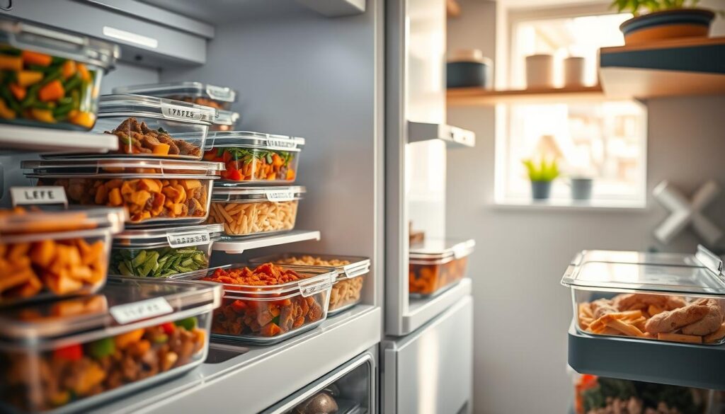 A well-stocked fridge and freezer showcase an array of freshly prepared, freezer-friendly meals. Sleek glass containers brim with hearty stews, aromatic curries, and flavorful pasta dishes. Neatly labeled lids hint at the culinary delights within. Crisp vegetables, tender meats, and vibrant sauces come together in a symphony of color and texture. Soft, natural light filters through the window, casting a warm glow over the organized workspace. Minimalist wooden shelves and slate-blue accents create a calming, efficient atmosphere, perfect for planning and preparing nutritious meals to fuel busy mornings.