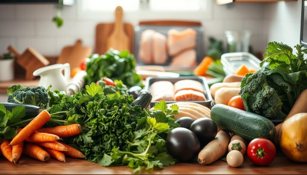 A well-stocked kitchen counter displaying an assortment of fresh, vibrant vegetables and various protein sources. In the foreground, a variety of greens, such as kale, spinach, and broccoli, are arranged alongside hearty root vegetables like carrots, sweet potatoes, and zucchini. In the middle ground, an array of lean protein options, including chicken breasts, salmon fillets, and tofu, are neatly organized. The lighting is soft and natural, filtering in through a nearby window, casting a warm glow on the scene. The overall mood is one of simplicity, healthfulness, and culinary inspiration, inviting the viewer to envision the possibilities of a well-rounded, nutritious meal.