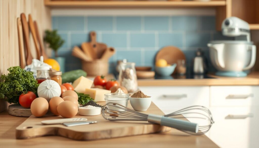 A well-stocked kitchen counter displays a variety of fresh ingredients for meal prep, including eggs, cheese, vegetables, and seasonings, neatly arranged against a backdrop of warm wooden textures and soft blue accents. In the foreground, essential tools like a cutting board, a whisk, and a mixing bowl create a sense of purpose, while the clean, minimalist setting evokes a cozy, organized atmosphere. The lighting is soft and diffused, creating a gentle, inviting ambiance that sets the stage for the culinary task at hand.