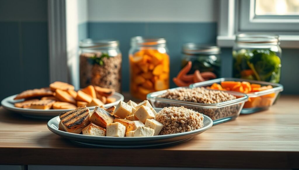 A well-stocked kitchen counter displays a variety of protein-rich meal prep options. In the foreground, a platter showcases grilled chicken breasts, firm tofu cubes, and lean ground turkey. Behind it, glass containers hold colorful quinoa salad, roasted sweet potato chunks, and sautéed spinach. Soft lighting from a window illuminates the scene, casting warm shadows and highlighting the natural textures of the wooden surfaces. A minimalist, light blue accent wall provides a clean, modern backdrop, creating a cozy, inviting atmosphere for meal planning and preparation.