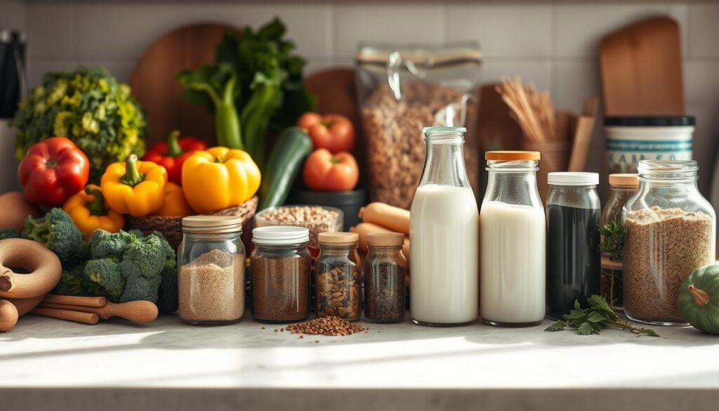 A well-stocked kitchen counter displays an assortment of dairy-free ingredients, including a variety of fresh vegetables, such as broccoli, bell peppers, and zucchini, alongside an array of whole grains, such as quinoa and brown rice. In the foreground, a selection of plant-based milk alternatives, such as almond and oat milk, stand alongside jars of aromatic spices and herbs. The lighting is soft and natural, highlighting the vibrant colors and textures of the ingredients, creating a warm and inviting atmosphere. The overall composition suggests a sense of abundance and culinary potential, perfectly suited for the 