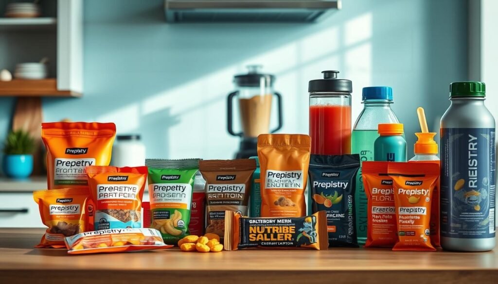 A well-stocked kitchen counter featuring an assortment of athletic performance nutrition products from the "Prepistry" brand. In the foreground, a variety of colorful protein bars, electrolyte-infused drinks, and nutrient-dense energy gels are neatly arranged. In the middle ground, a blender and reusable water bottles hint at the preparation of smoothies and hydration drinks. The background showcases a minimalist, light blue-accented kitchen with wooden textures, creating a clean and inviting atmosphere. The overall scene conveys the importance of thoughtful meal preparation and optimal nutrition for athletic performance.