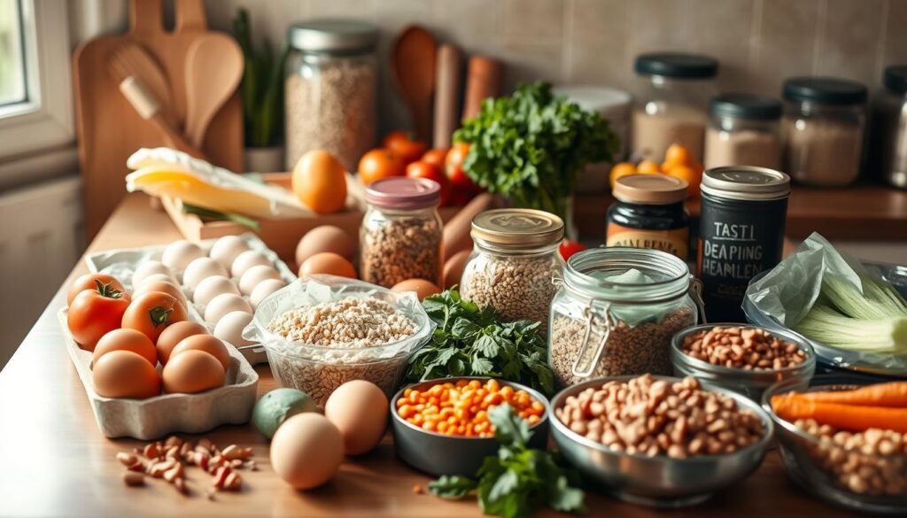 A well-stocked kitchen counter overflows with the ingredients for a nourishing meal prep session: a variety of fresh vegetables, a dozen eggs, jars of hearty grains, an array of spices, and a selection of protein-rich legumes. Soft, natural lighting filters through the windows, casting a warm glow over the scene. The composition is balanced, with the assortment of ingredients organized in a visually appealing manner. The overall mood is one of simplicity, wholesomeness, and a sense of calm preparation for the tasks ahead.