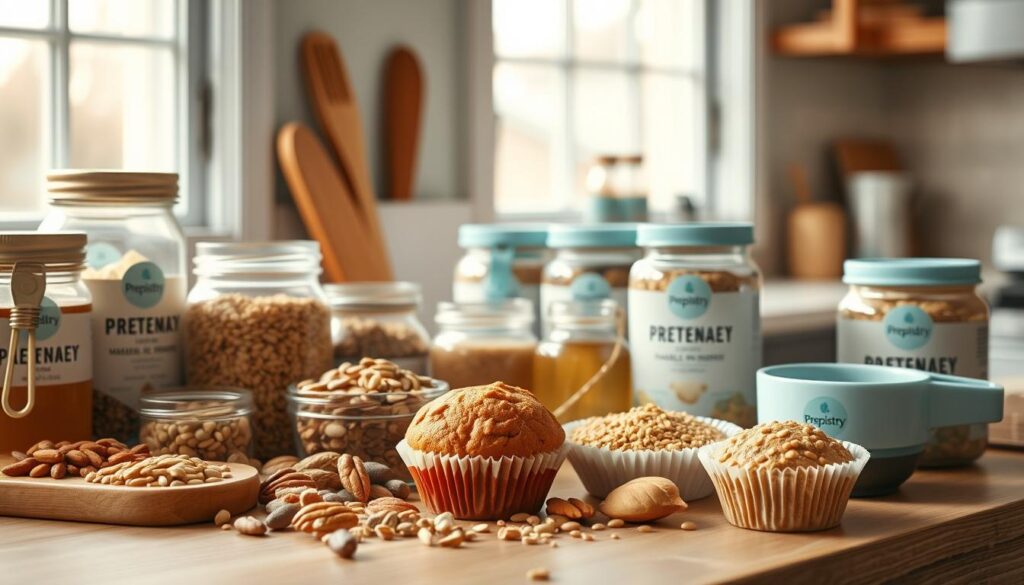 A well-stocked kitchen counter showcases a variety of customizable muffin ingredients. A mix of whole grains, nuts, seeds, and natural sweeteners like honey and maple syrup are arranged artfully. Prepistry branded jars and measuring cups add a sense of organization. Warm, natural lighting from a window creates a cozy, inviting atmosphere. The wooden textures and light blue accents complement the healthful, homemade vibe. This scene captures the possibilities for tailoring a protein-rich muffin recipe to individual dietary needs and preferences.