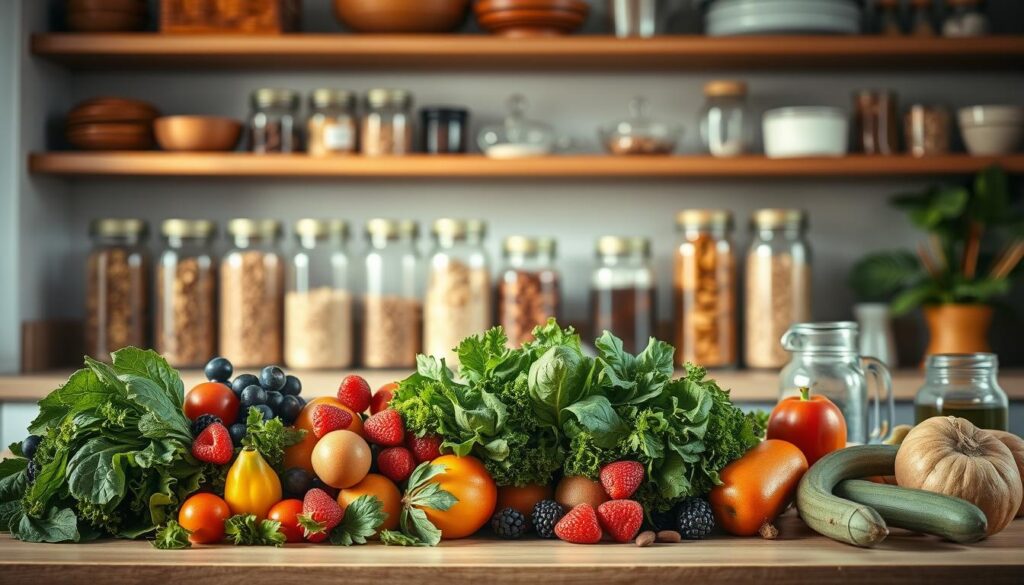 A well-stocked kitchen counter showcases an array of vibrant spring ingredients for a healthy breakfast meal prep. In the foreground, an assortment of fresh produce includes leafy greens, vibrant berries, and crisp vegetables. Behind them, glass jars filled with whole grains, nuts, and dried fruits line the shelves, complemented by a few essential cooking staples like olive oil and sea salt. Warm, natural lighting filters through the windows, casting a soft glow over the scene and highlighting the earthy, minimalist aesthetic of the space. The overall composition conveys a sense of nourishment, organization, and culinary inspiration, perfect for fueling a productive day ahead.