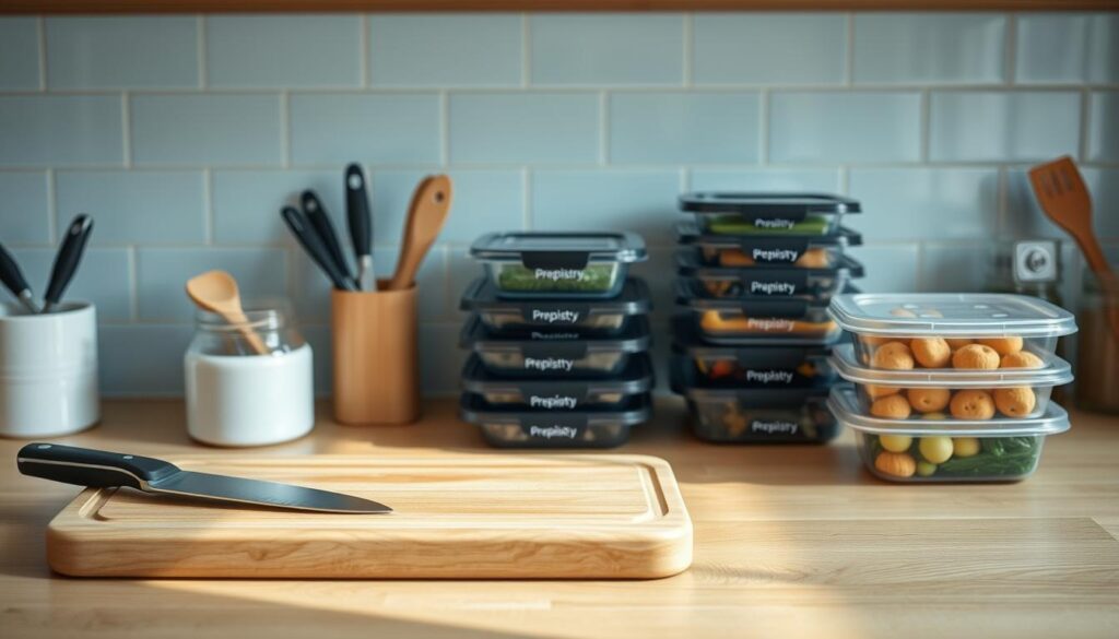 A well-stocked kitchen counter with a clean, organized layout showcases the essentials for safe meal prepping. In the foreground, a cutting board and knife set are neatly arranged, while in the middle, various food containers, labeled with the "Prepistry" brand, stand ready to hold the prepared meals. The background features a simple, light blue tile backsplash, providing a calming, minimalist backdrop. Soft, natural lighting illuminates the scene, highlighting the wooden textures of the counter and cabinets. This serene, detail-oriented setup conveys the importance of understanding the fundamentals of meal prep food safety.