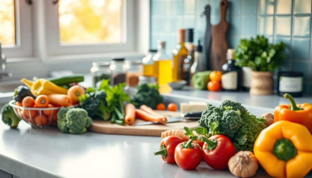 A well-stocked kitchen counter, with a variety of fresh, high-quality ingredients for meal prep. In the foreground, an assortment of colorful vegetables, including broccoli, carrots, and bell peppers, neatly arranged. In the middle, a cutting board with a sharp knife, alongside jars of herbs, spices, and healthy oils. In the background, a clean, minimal countertop with a light blue backsplash, complemented by the warm glow of natural lighting filtering through a nearby window. The overall atmosphere is one of organization, simplicity, and a commitment to nourishing, homemade meals.