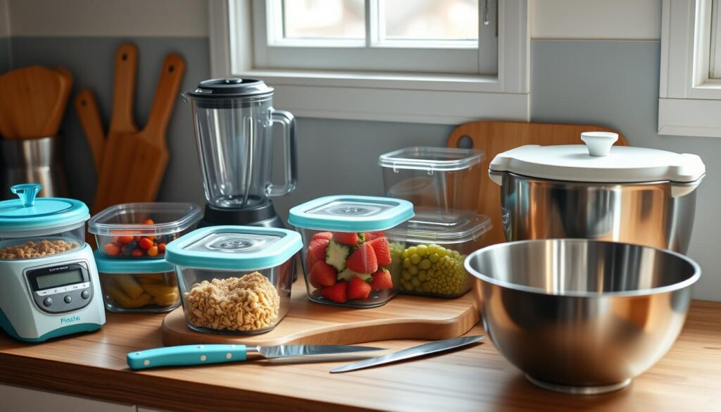 A well-stocked kitchen counter with a variety of meal prep essentials neatly arranged: glass food storage containers, a high-powered blender, a set of sharp knives, a cutting board, a digital food scale, and a stainless steel mixing bowl. The scene is bathed in soft, natural lighting from a window, creating a warm, inviting atmosphere. The wooden textures and light blue accents add a touch of minimalist elegance, highlighting the practical and functional nature of the tools. This carefully curated collection reflects the thoughtful organization and planning necessary for a successful weekly high-protein lunch meal prep routine.