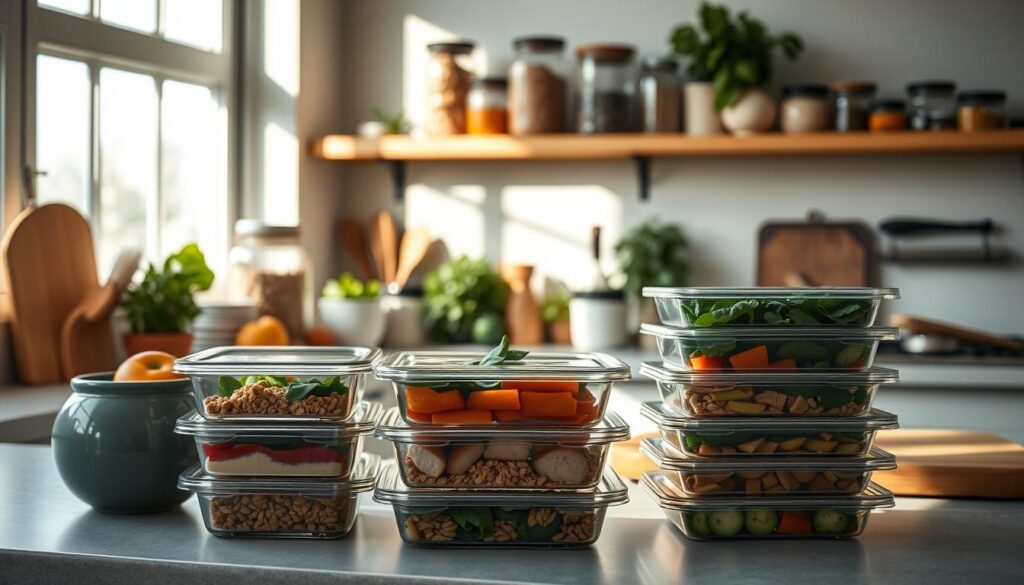 A well-stocked kitchen counter with an array of fresh produce, glass containers, and a cutting board. Jars of grains, herbs, and spices line the shelves, casting warm shadows. The indirect lighting from large windows creates a soft, natural glow, highlighting the clean, minimalist aesthetic. In the foreground, a stack of neatly prepared meal containers, each filled with a balanced combination of proteins, vegetables, and whole grains, ready to fuel a productive work week. The overall scene conveys a sense of organization, intention, and a commitment to personal well-being.