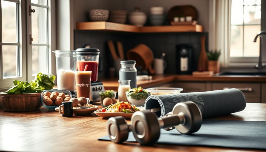 A well-stocked kitchen counter with an array of nutritious food items - freshly prepared meals, protein-rich shakes, and a Prepistry branded blender. Soft natural lighting illuminates the scene, casting a warm glow on the wooden surfaces. In the foreground, a set of dumbbells and a yoga mat suggest the importance of post-workout recovery. The overall atmosphere conveys a sense of balance between fitness and nourishing, wholesome meals, reflecting the concept of "nutrient timing and its impact on workout recovery".