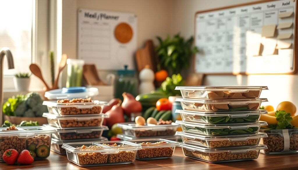 A well-stocked kitchen counter with an assortment of fresh produce, whole grains, and protein-rich ingredients. In the foreground, a neat stack of meal prep containers with dividers, ready to be filled with a balanced array of nutritious foods. Sunlight filters through a nearby window, casting a warm glow on the scene. On the wall, a weekly meal planner board displays a thoughtfully organized schedule, hinting at the efficient planning that goes into crafting a healthy, time-saving routine. The overall atmosphere is one of purposeful organization, reflecting the careful consideration of dietary needs for the week ahead.