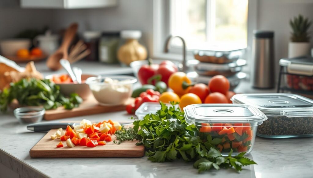 A well-stocked kitchen counter with an assortment of freshly chopped vegetables, herbs, and spices. A cutting board, mixing bowls, and various meal prep containers create an organized, efficient setup. Soft, natural lighting filters through the windows, casting a warm, inviting glow over the scene. The overall atmosphere is one of mindfulness and productivity, highlighting the benefits of batch cooking and meal prepping for a healthy, stress-free family mealtime.