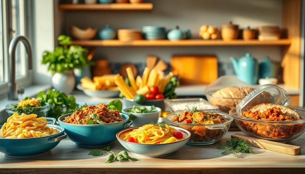 A well-stocked meal prep station in a cozy kitchen, featuring a variety of healthy pasta dishes - from vibrant pesto to hearty tomato-based sauces, accompanied by an assortment of fresh vegetables, herbs, and whole-grain bread. The scene is bathed in warm, natural lighting, highlighting the vibrant colors and textures of the ingredients. The countertop is adorned with wooden accents, complemented by subtle blue-toned decor, creating a soothing, inviting atmosphere. The overall composition emphasizes the convenience, nutritional value, and culinary appeal of pasta as an ideal meal prep option.