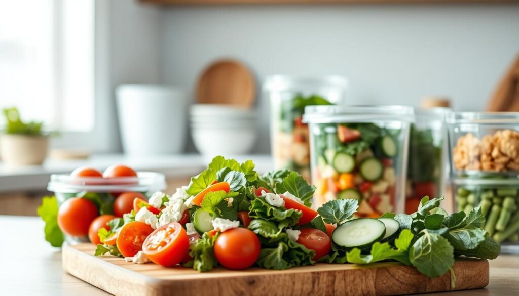 A well-stocked meal prep station showcases the benefits of planning ahead. In the foreground, a variety of fresh, colorful salad ingredients - crisp greens, juicy tomatoes, crunchy cucumbers, and tangy feta - are neatly arranged on a wooden cutting board. In the middle ground, glass containers with tight-fitting lids stand ready to hold the carefully assembled salads, ensuring they stay fresh and portable. The background features a minimal, light blue-accented kitchen with natural wood textures, bathed in soft, diffused lighting that creates a calming, organized atmosphere. This scene emphasizes how meal prepping can save time, reduce waste, and provide nutritious, work-friendly lunches.