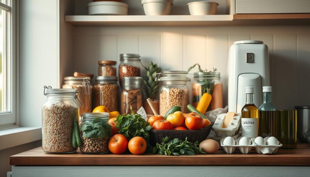 A well-stocked pantry and fridge on a wooden kitchen counter, with an assortment of meal prep essentials: glass jars filled with grains, spices, and dried legumes; a selection of fresh vegetables and fruits; a carton of eggs, a block of cheese, and a bottle of olive oil. Soft natural light filters through the window, casting a warm glow on the scene. The layout is clean and organized, reflecting an efficient, mindful approach to meal planning and preparation.