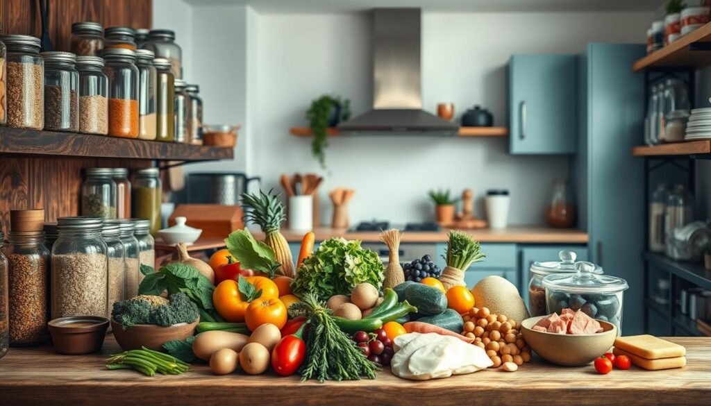 A well-stocked pantry of meal prep essentials arranged on rustic wooden shelves, with jars of grains, spices, and dried herbs casting soft shadows in the warm, diffused lighting. The middle ground features an array of colorful vegetables, lean proteins, and healthy fats, neatly organized for effortless meal assembly. In the background, a minimalist kitchen with light blue accents provides a calming, uncluttered backdrop, inviting the viewer to imagine the delicious, nutritious meals that can be created from these essential building blocks. The overall atmosphere is one of simplicity, organization, and culinary inspiration.