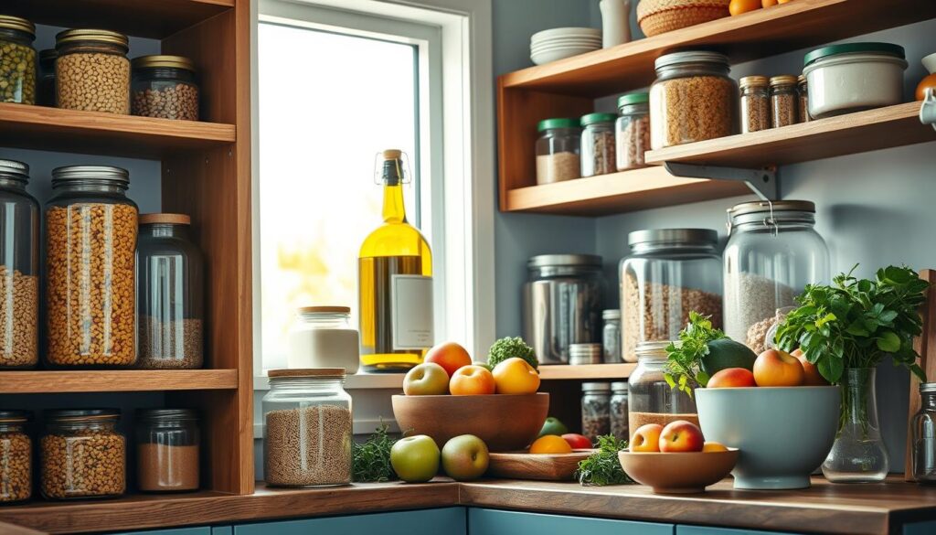 A well-stocked pantry of nutrient-rich staples nestled on rustic wooden shelves, bathed in warm, natural light filtering through a nearby window. Vibrant jars of lentils, quinoa, and whole grains stand tall, flanked by glass bottles of cold-pressed olive oil and unrefined sea salt. Earthenware bowls brim with crisp apples, ripe avocados, and bunches of fresh herbs, hinting at the wholesome meals to come. The minimalist kitchen's light blue accents create a calming, inviting atmosphere, perfectly complementing the bounty of nourishing ingredients.