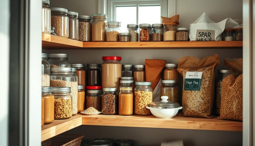 A well-stocked pantry with a selection of essential meal prep staples arranged neatly on wooden shelves. Canisters of grains, jars of spices, cans of beans, and bags of nuts and dried fruits fill the frame, creating a visually appealing still life. The soft, diffused lighting from a window casts gentle shadows, accentuating the textures and natural hues. The overall scene conveys a sense of organization, preparedness, and the promise of nutritious, home-cooked meals to come.