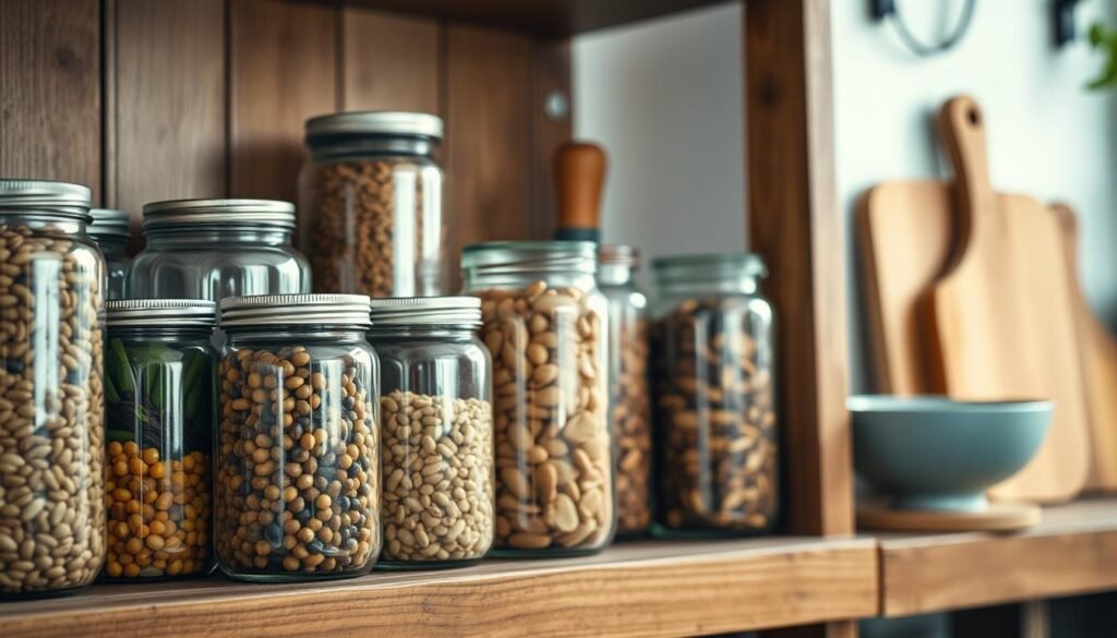 A well-stocked pantry with an array of high-protein ingredients, neatly arranged on a rustic wooden shelving unit. In the foreground, jars of beans, lentils, and canned tuna gleam under a soft, diffused light. In the middle ground, a glass container holds an assortment of nuts and seeds. The background showcases a few minimal kitchen accents, like a light blue ceramic bowl and a wooden cutting board, creating a cozy, inviting atmosphere. The overall scene conveys a sense of organization, preparedness, and a commitment to healthy, protein-rich meal options.