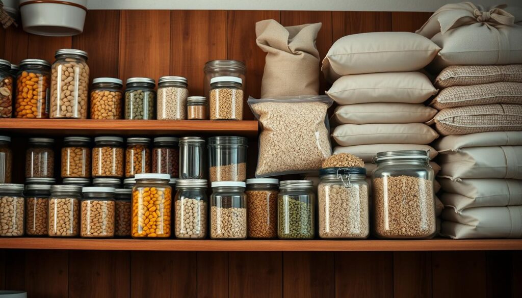 A well-stocked pantry with energy-boosting essentials arranged on rustic wooden shelves, under warm yet soft lighting. Jars of nuts, seeds, and dried fruits, supplemented by cans of high-protein beans and tuna. Glass containers hold wholesome grains, lentils, and quinoa. Towering bags of whole wheat flour and oats suggest homemade, nourishing meals. The color palette is earthy, with hints of deep greens and blues, creating a calming, inviting atmosphere for a functional, health-focused kitchen.