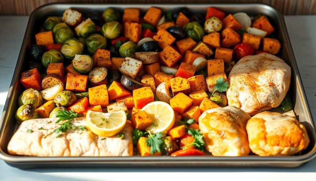 A well-stocked sheet pan with an assortment of roasted vegetables, including Brussels sprouts, sweet potatoes, bell peppers, and onions. The vegetables are seasoned with a blend of herbs and spices, creating a mouthwatering aroma. In the foreground, a variety of proteins, such as salmon filets and juicy chicken thighs, are arranged alongside the vegetables. The middle ground features a selection of garnishes, including fresh herbs, lemon wedges, and a drizzle of a flavorful sauce. The scene is bathed in warm, natural lighting, highlighting the vibrant colors and textures of the ingredients. The minimal kitchen setting, with its wooden accents and light blue tones, creates a cozy and inviting atmosphere, perfect for a comforting and nutritious sheet pan meal.