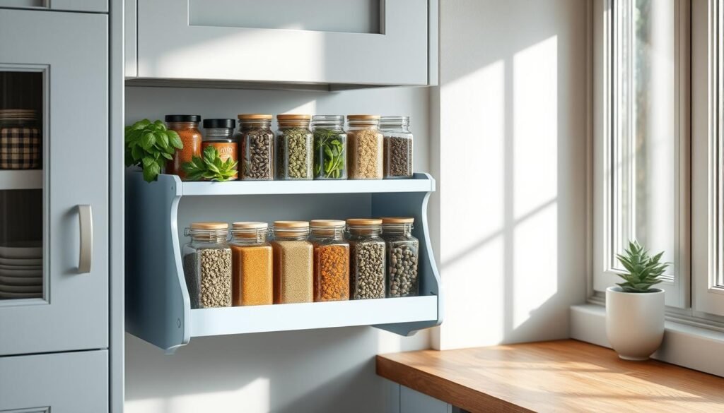 A well-stocked spice rack with an array of seasonings arranged artfully against a backdrop of clean, light blue cabinetry and natural wood surfaces. Jars of fragrant herbs, peppercorns, and dried chili flakes catch the soft, diffused light from a nearby window, casting gentle shadows that accentuate their textures. The overall scene exudes a sense of simplicity and ease, inviting the viewer to explore the endless flavor possibilities of these humble, versatile ingredients.