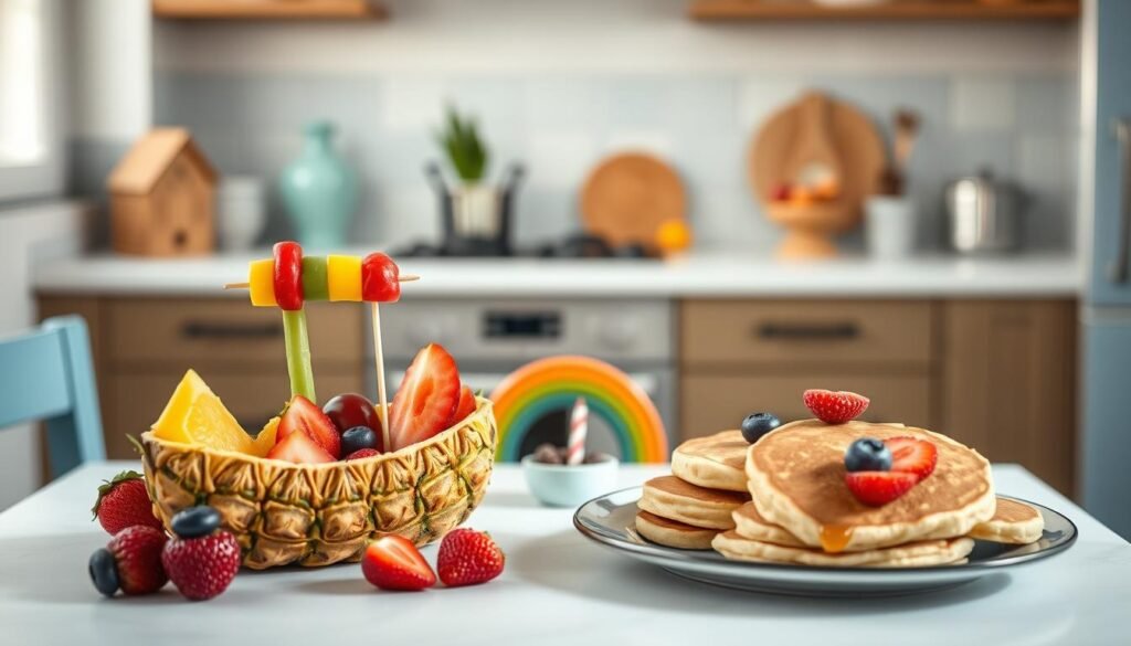 A whimsical and colorful presentation of a low-sugar breakfast for kids, set against a cozy, minimal kitchen backdrop with warm wooden textures and light blue accents. Vibrant fresh fruits, playful shapes, and creative arrangements capture the imagination - a pineapple boat, a rainbow fruit skewer, and a platter of heart-shaped pancakes with berry "buttons". Soft, natural lighting casts a gentle glow, highlighting the visually appealing and appetizing display. The overall atmosphere is inviting and designed to appeal to young, picky eaters, encouraging them to explore and enjoy a nutritious morning meal.