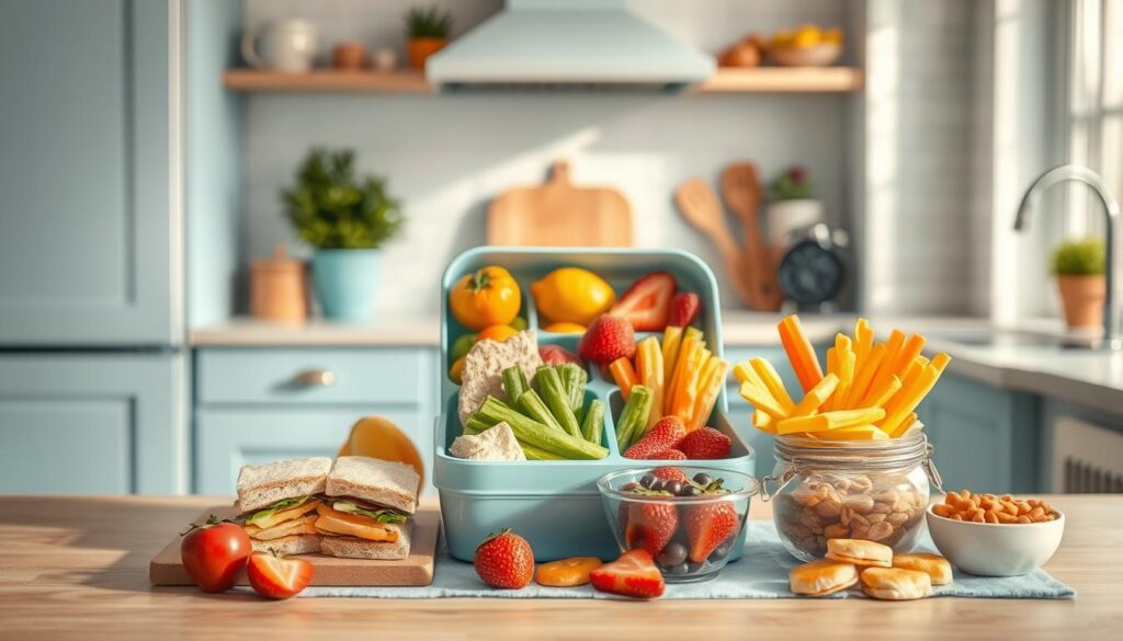 A whimsical, kid-friendly scene set in a cozy, minimalist kitchen with light blue accents and wooden textures. A variety of healthful, school-approved cold lunch components are artfully arranged on the countertop, including colorful fresh fruits, bite-sized sandwiches, crunchy veggie sticks, and bite-sized snacks. The lighting is warm and natural, casting a soft glow on the scene. The composition is balanced and inviting, encouraging the viewer to imagine packing a delightful, nutritious cold lunch for a child.