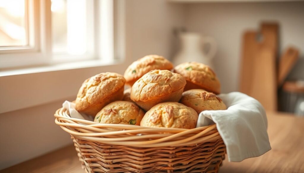 A wicker basket filled with freshly baked zucchini muffins sits on a wooden kitchen counter, the warm aroma wafting through a cozy, minimalist space. Soft natural light filters in through a nearby window, casting a gentle glow on the golden-brown muffin tops. Flecks of green zucchini and hints of cinnamon can be seen peeking through the tender crumb. The scene evokes a sense of homey comfort and a balanced, wholesome start to the day.