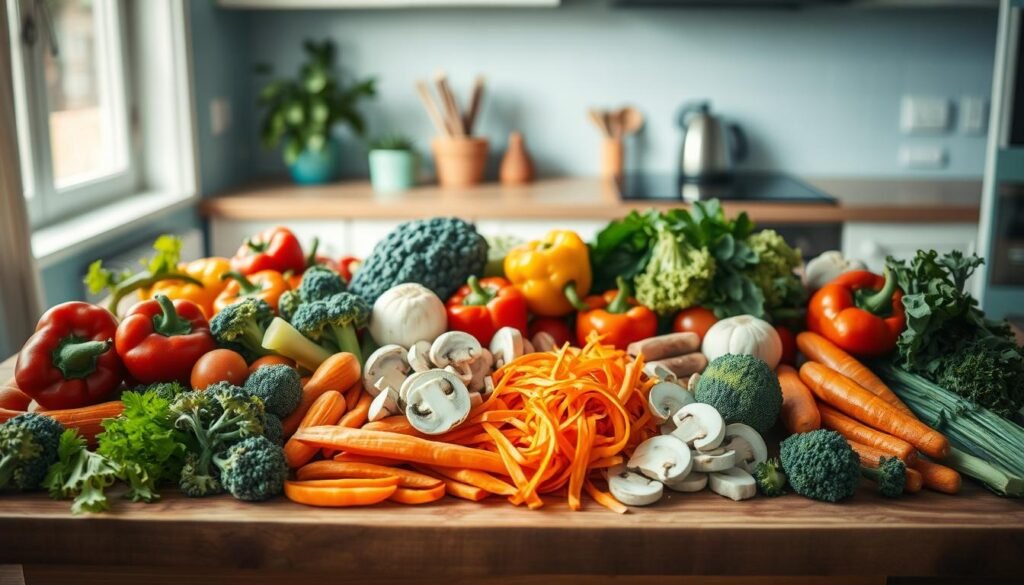 A wide array of fresh vegetables spread out on a wooden table in a cozy, minimal kitchen with light blue accents. A variety of colorful bell peppers, broccoli florets, sliced mushrooms, and julienned carrots are neatly arranged, their textures and hues creating a visually appealing display. Soft, natural lighting from a nearby window casts a warm glow, highlighting the vibrant colors and inviting the viewer to imagine the flavorful stir-fry that could be created from these carefully selected ingredients.
