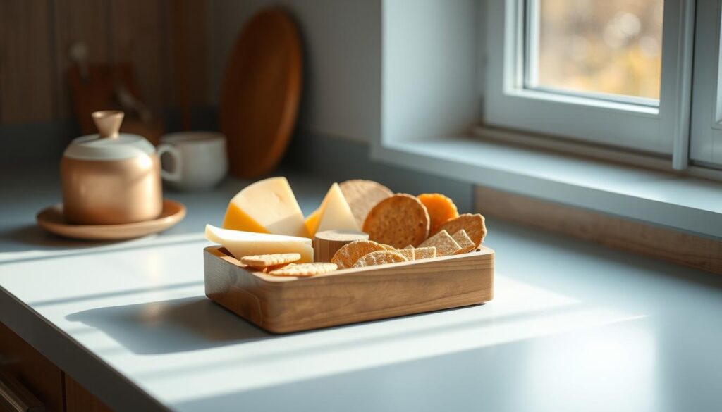 A wooden bento-style lunch box rests on a light blue countertop, filled with an assortment of gourmet cheeses and artisanal crackers. The soft natural lighting filters through a nearby window, casting a warm glow over the scene. The cheeses, ranging from creamy brie to sharp cheddar, are artfully arranged alongside a variety of cracker types, from buttery rounds to whole-grain squares. The minimal, cozy kitchen setting, with its wooden textures and subtle blue accents, creates a tranquil, inviting atmosphere, perfect for savoring this simple yet satisfying midday meal.