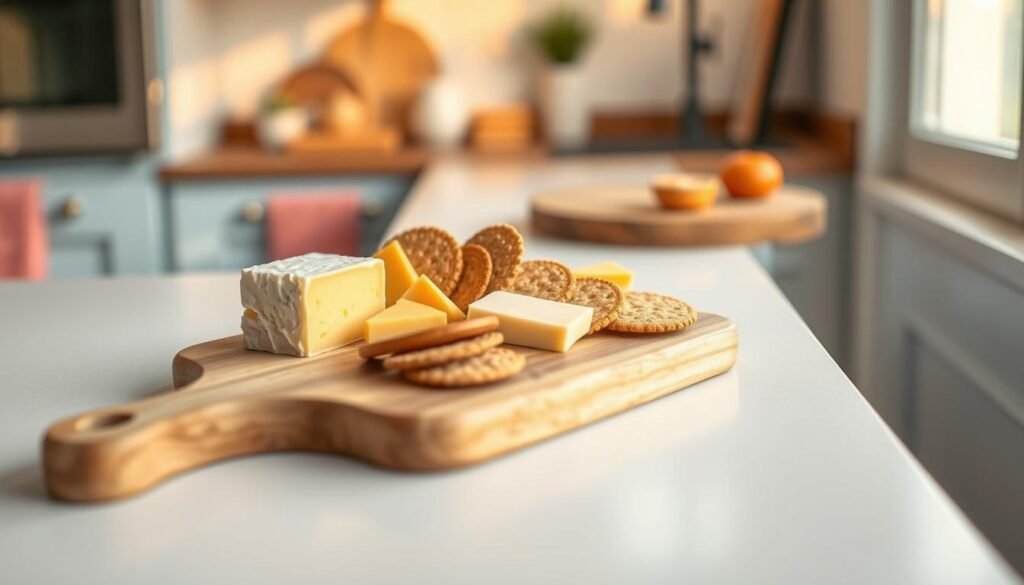 A wooden cutting board displays a delectable arrangement of allergen-safe cheese and crackers. The soft, creamy cheese, free from dairy, sits alongside a selection of gluten-free, nut-free crackers. Warm, diffused lighting from a nearby window casts a gentle glow, highlighting the natural textures and hues. The minimal, light blue-accented kitchen provides a simple, inviting backdrop, allowing the vibrant colors of the cheese and crackers to take center stage. This artful, allergen-conscious spread is both visually appealing and allergy-friendly, perfect for a nourishing, school-safe cold lunch.