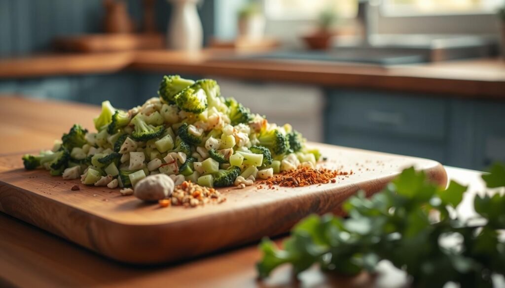 A wooden cutting board in a cozy, minimal kitchen with light blue accents. On the board, a pile of fragrant, freshly chopped turkey seasoning: plump, vibrant broccoli florets, fragrant dried herbs, and a sprinkling of aromatic spices. The scene is bathed in warm, natural light, highlighting the textures and colors of the ingredients. The overall atmosphere is one of simplicity, efficiency, and the promise of a nourishing, flavorful meal.