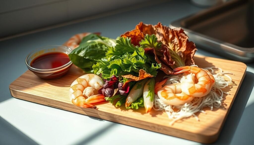 A wooden cutting board sits on a light blue kitchen counter, casting warm shadows under natural light. Vibrant green leaves, crisp red lettuce, and slender rice noodles are carefully arranged, awaiting to be transformed into delectable summer rolls. Translucent shrimp, glistening with freshness, rest alongside a small bowl of pungent dipping sauce. The simple yet enticing scene evokes the refreshing flavors and textures of a classic cold lunch.